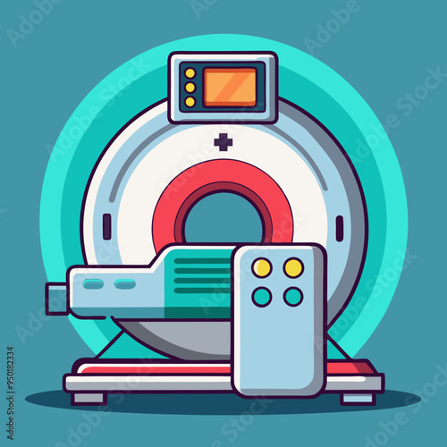 MRI scanner illustration, medical imaging machine in blue and green color scheme