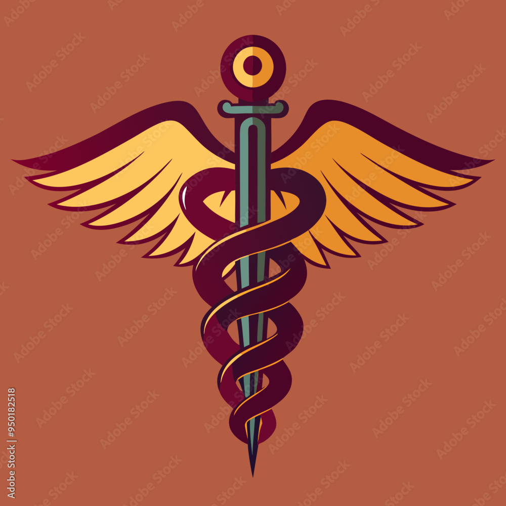 Caduceus symbol illustration, medical emblem with wings and staff, brown background Caduceus symbol illustration, medical emblem with wings and staff, brown background
