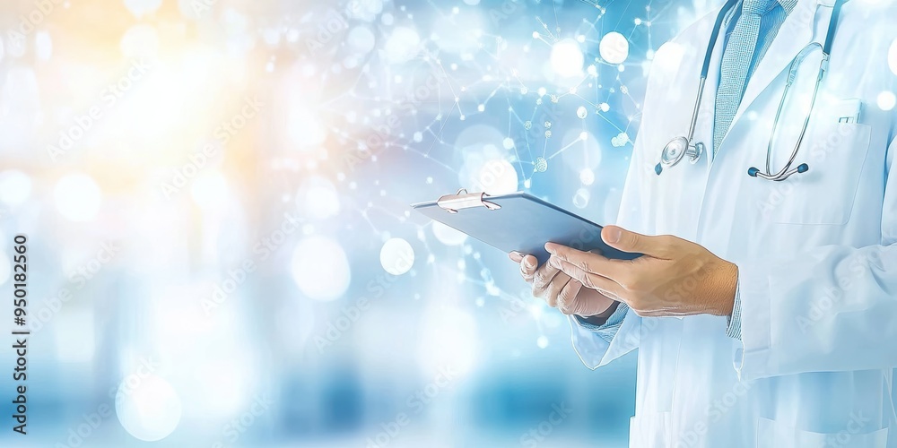 Doctor in a white coat holding a clipboard, with a network of glowing medical icons in the background. Modern healthcare and technology concept. Doctor in a white coat holding a clipboard, with a network of glowing medical icons in the background. Modern healthcare and technology concept.