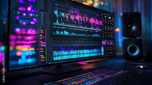 Audio Editing Software Interface on Computer Monitor.