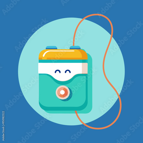 Portable medical device illustration, healthcare technology, blue background with smiling face design