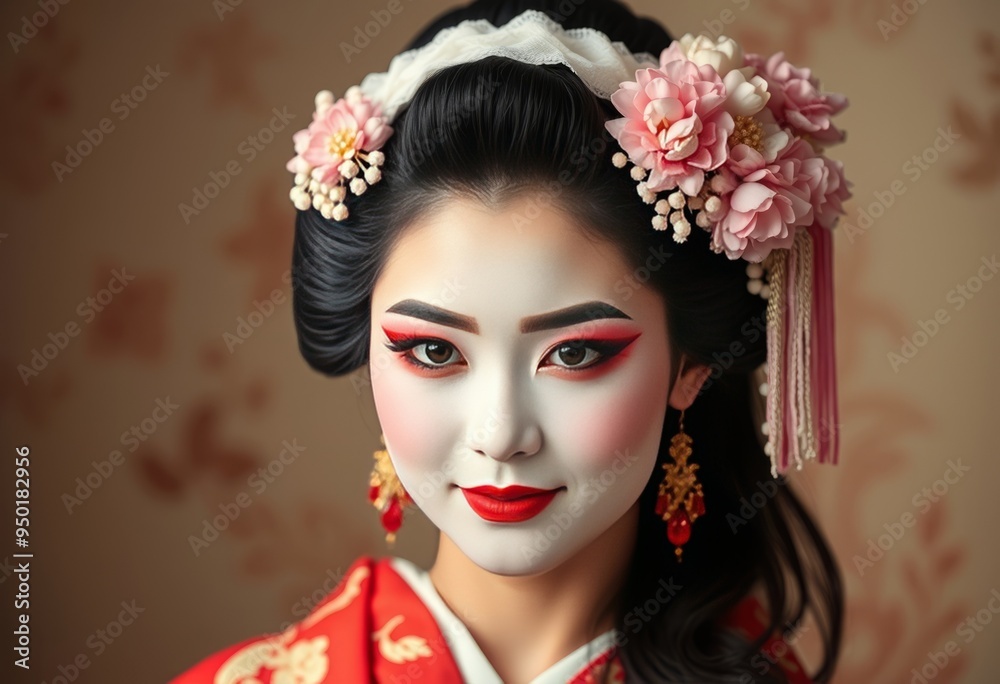 Geisha with traditional makeup and a subtle mysterious smile Geisha with traditional makeup and a subtle mysterious smile
