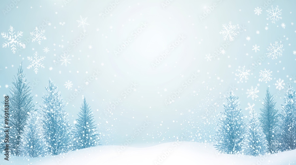 Winter scene with snowflakes falling over frosty trees against a light blue background. Perfect for seasonal or holiday designs. Winter scene with snowflakes falling over frosty trees against a light blue background. Perfect for seasonal or holiday designs.