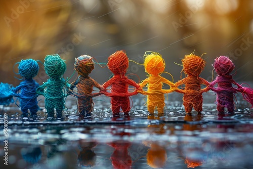 Travailler ensemble, main dans la main en équipe, petits bonhomme de laine colorés. 