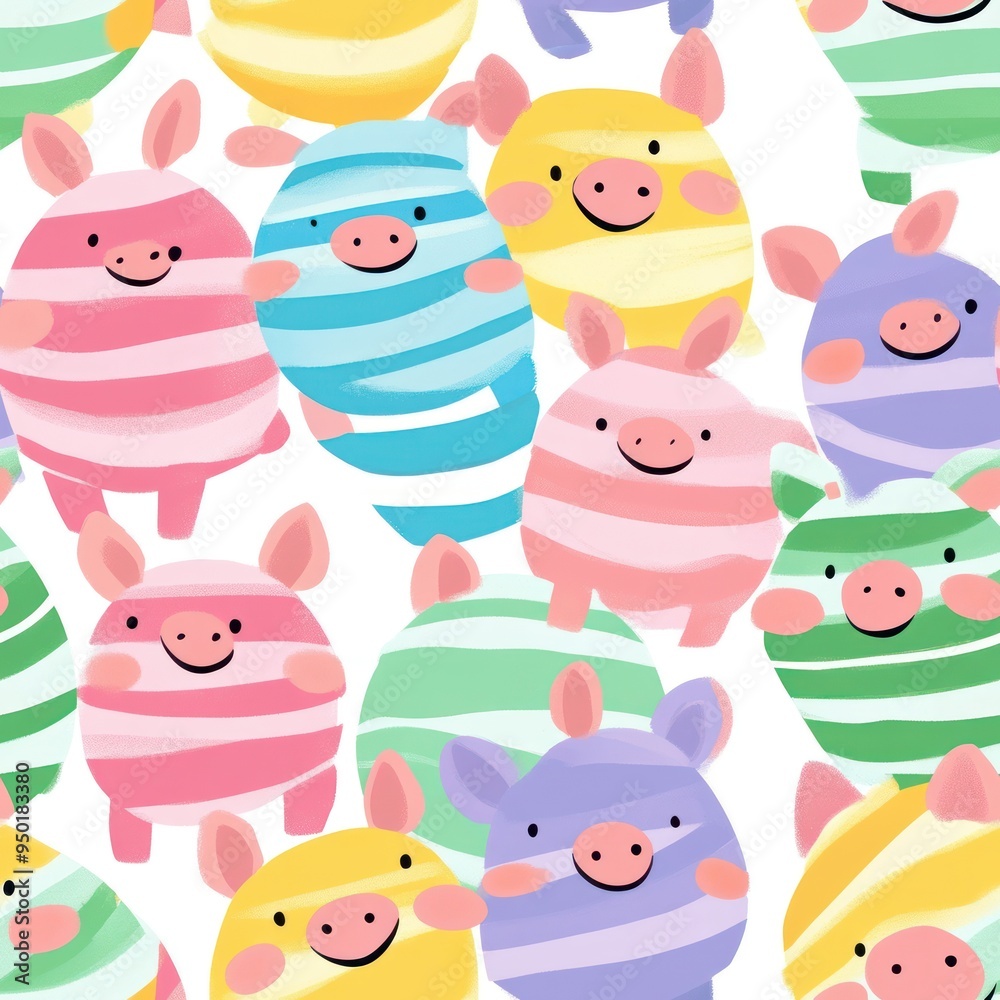 A colorful pattern of cute cartoon pigs with stripes in various pastel colors. A colorful pattern of cute cartoon pigs with stripes in various pastel colors.