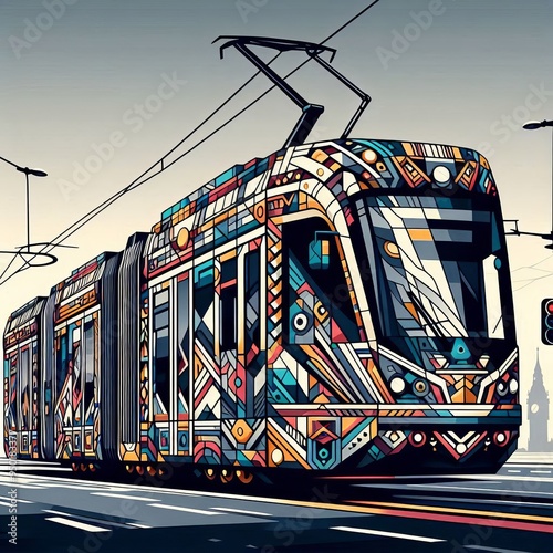 Geometric Tram A digital illustration of a tram composed entirel photo