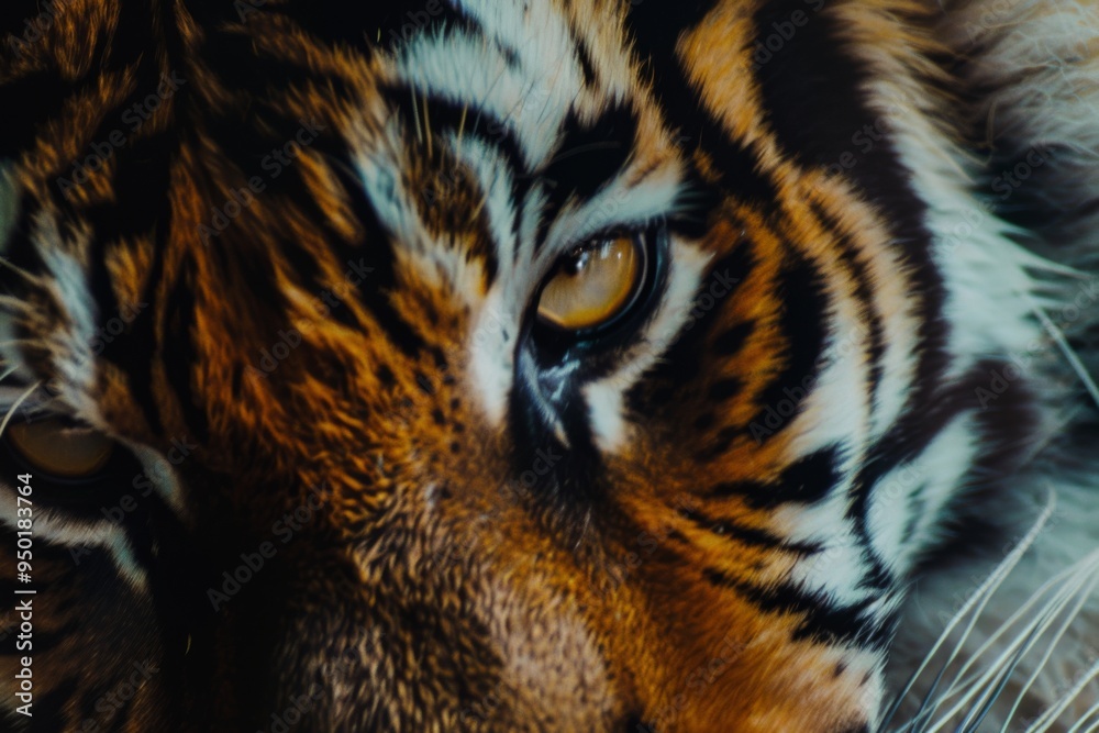 A tiger's face is shown with its eyes open and its mouth closed A tiger's face is shown with its eyes open and its mouth closed