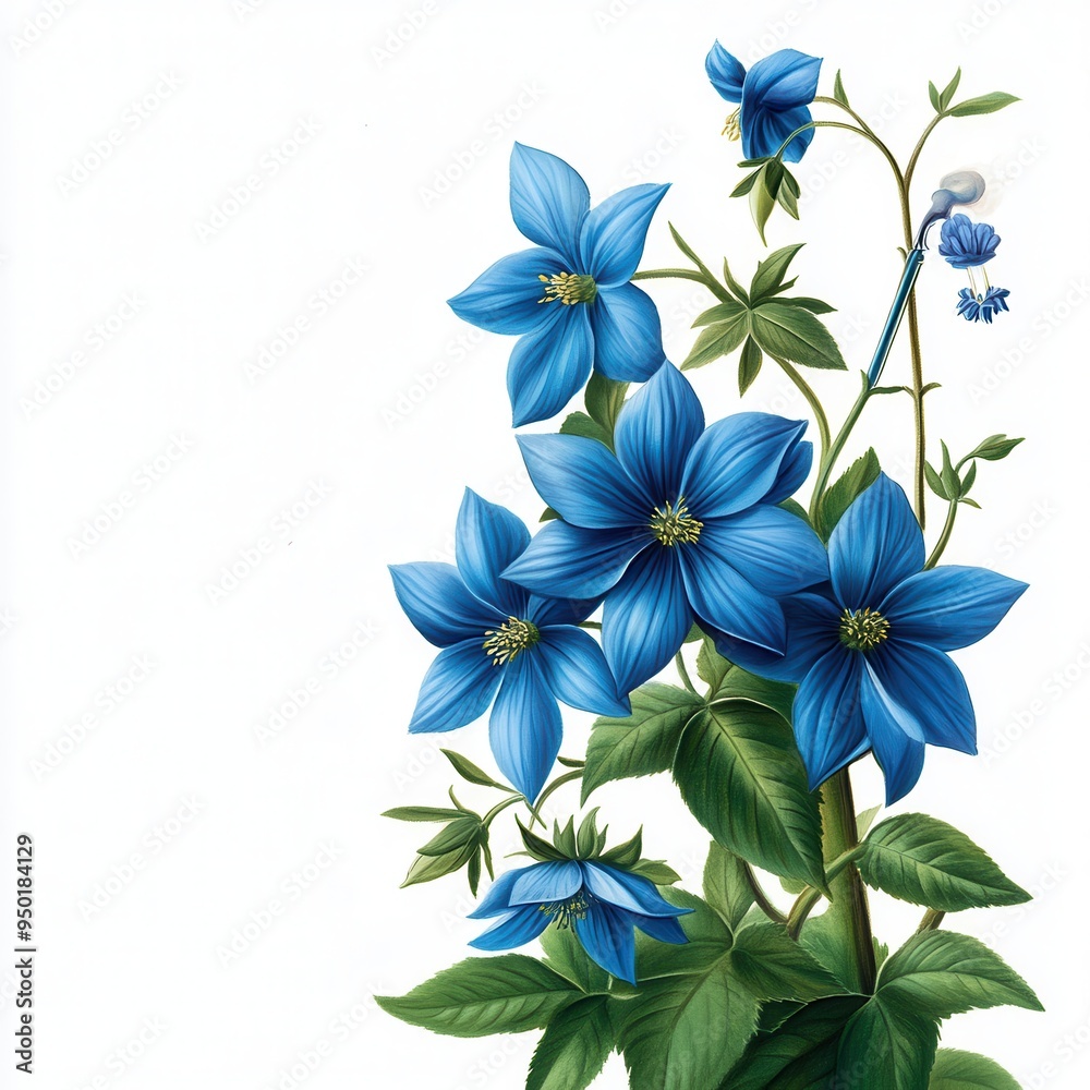 Fototapeta premium Vibrant blue flowers with lush green leaves on a white background, representing natural beauty and freshness.