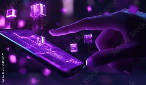 Hand touching a mobile phone with holographic digital cubes floating around, under purple lighting, a hologram technology concept. 
