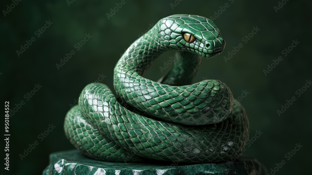 Fototapeta premium Green wooden snake wrapped around jade, intricate carving design.