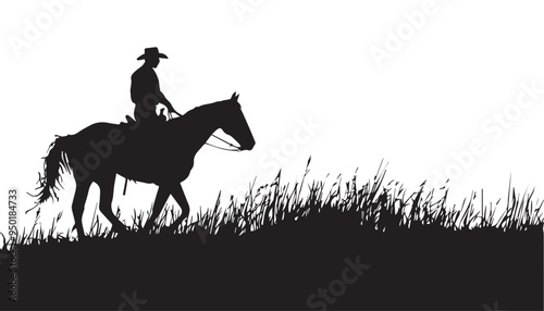 Silhouette of Cowboy Riding a Horse in Grassland Isolated on White Background