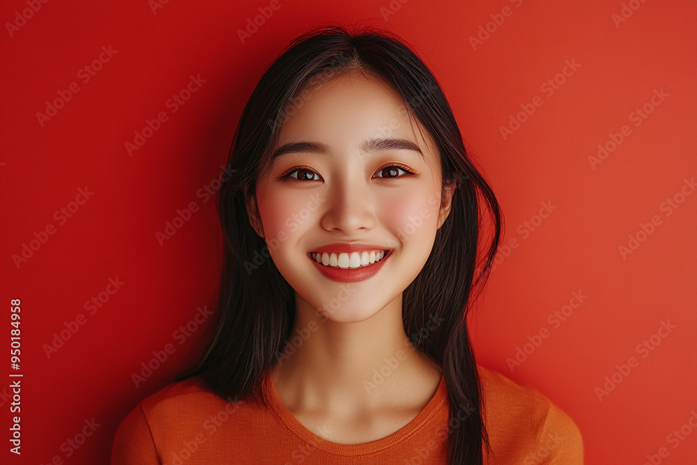 Positive female smiling on solid background Positive female smiling on solid background