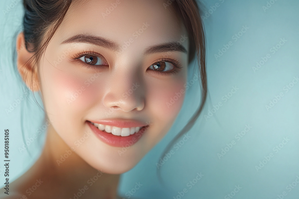 Naklejka premium Positive female smiling on solid background