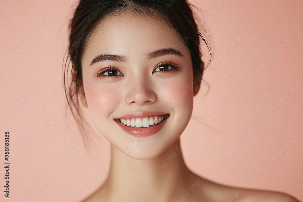 Positive female smiling on solid background Positive female smiling on solid background
