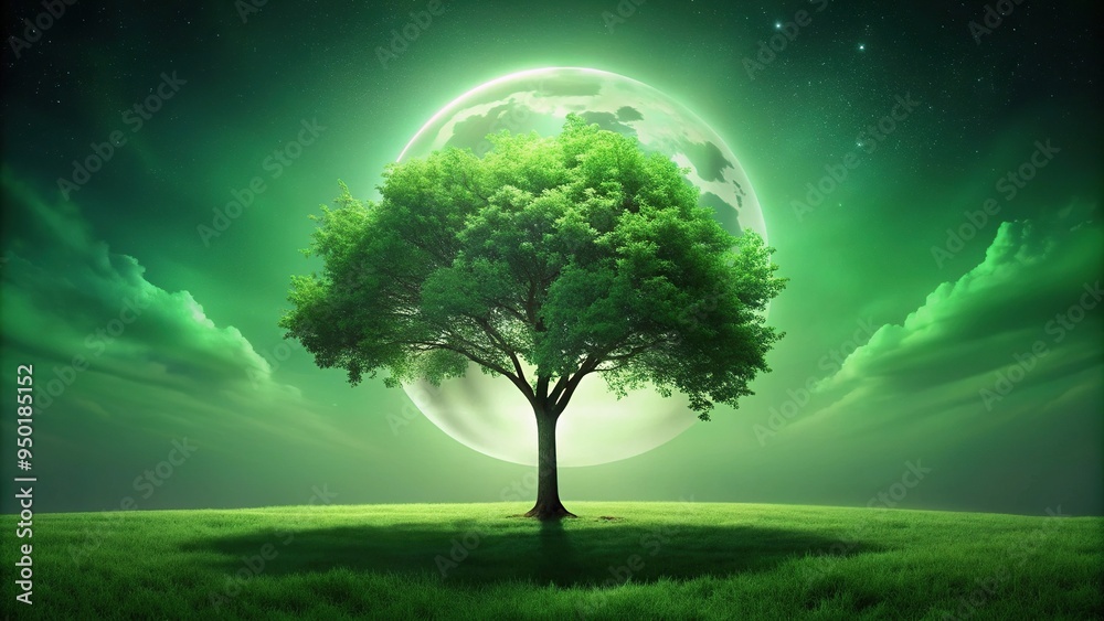 A green background with a tree illuminated by moonlight at a tilted angle, serene, outdoor, scenic, glowing, tranquil, branches, beauty, fantasy, tree, night, leaves, atmosphere,nature A green background with a tree illuminated by moonlight at a tilted angle, serene, outdoor, scenic, glowing, tranquil, branches, beauty, fantasy, tree, night, leaves, atmosphere,nature
