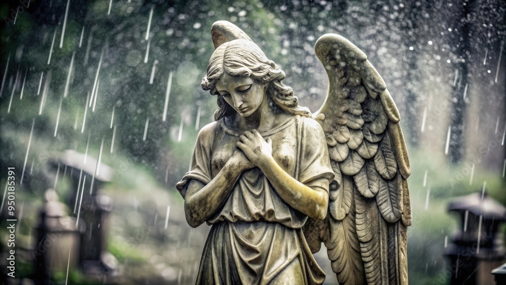 Weathered stone statue of angel in rain at cemetery, angel, statue, wings, weathered, stone, rain, cemetery, weathered, statue Weathered stone statue of angel in rain at cemetery, angel, statue, wings, weathered, stone, rain, cemetery, weathered, statue