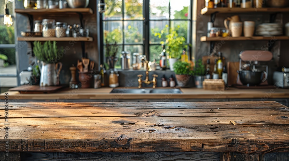 Cozy Rustic Kitchen with Wooden Countertop and Blurred Shelves Background Cozy Rustic Kitchen with Wooden Countertop and Blurred Shelves Background