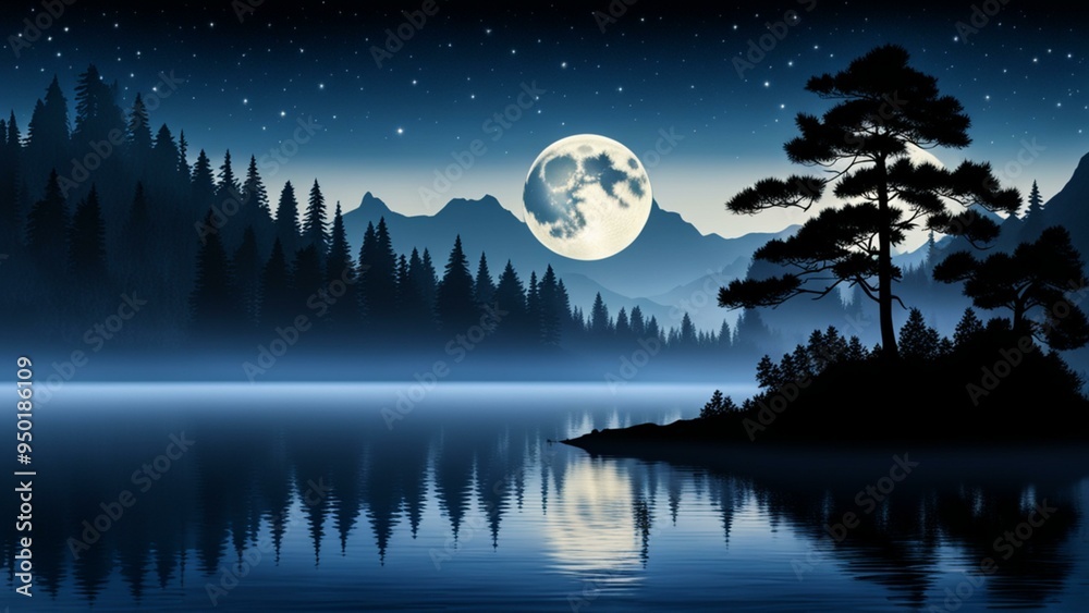 Fototapeta premium Silhouetted Pine Tree on Island with Full Moon and Starry Sky Reflection in Lake