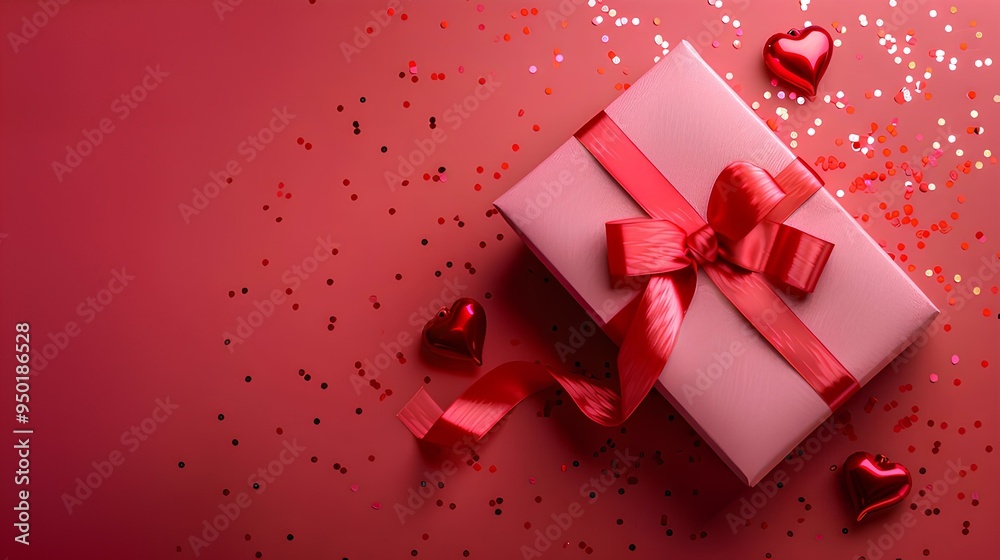 Pink gift box wrapped red ribbon bow with red hearts and confetti on red background. Happy St Valentines Day, Mothers Day, birthday concept. Pink gift box wrapped red ribbon bow with red hearts and confetti on red background. Happy St Valentines Day, Mothers Day, birthday concept.