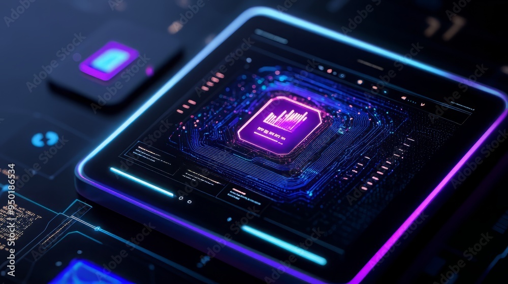 Fototapeta premium Futuristic technology design showcasing a glowing microchip on a digital interface with vibrant neon colors.