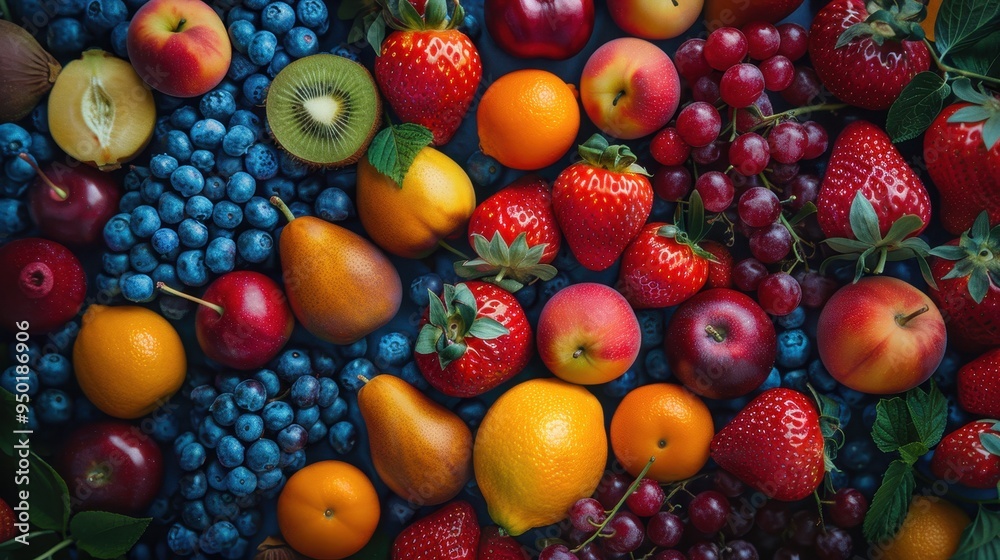 Colorful fruits spread out in a vibrant display on a dark surface showcasing freshness and variety Colorful fruits spread out in a vibrant display on a dark surface showcasing freshness and variety