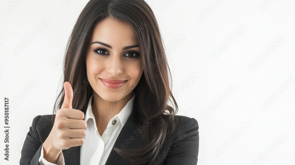 Professional Middle-Eastern woman in business attire, showing a thumbs up with a positive expression, isolated against a white background. Professional Middle-Eastern woman in business attire, showing a thumbs up with a positive expression, isolated against a white background.