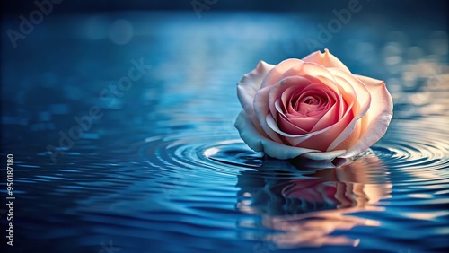 Lonely light pink rose floating in a dark blue pool or water macro shot, petal, moody, peaceful, flower, delicate, floating, romantic, bloom, macro, reflection, rose,pink, bloom, close-up
