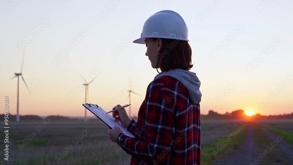 Woman engineer is taking notes on a clipboard on a field with wind turbines, as the sun sets in evening. Clean energy and engineering Woman engineer is taking notes on a clipboard on a field with wind turbines, as the sun sets in evening. Clean energy and engineering