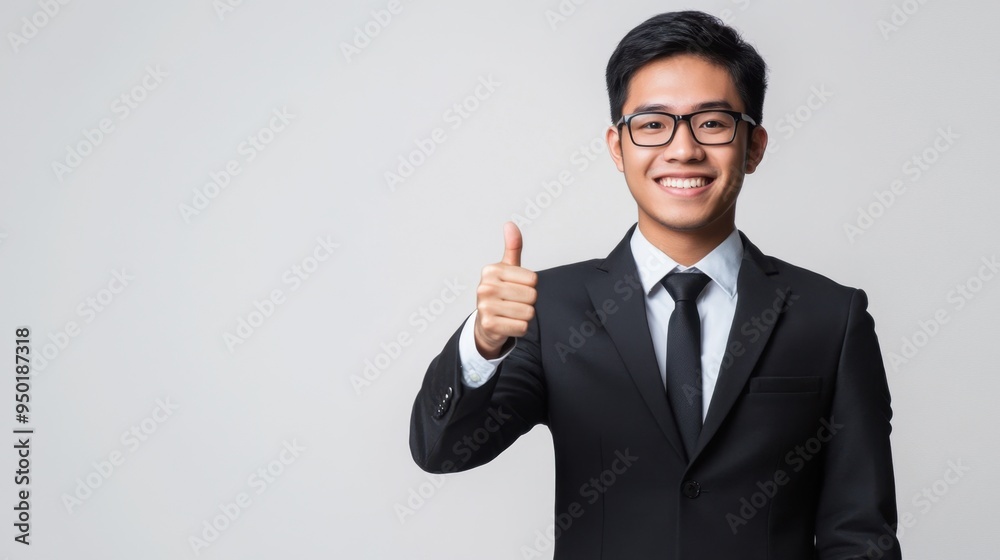 Joyful Asian office worker in formal attire, showing a thumbs up with a cheerful expression, isolated against a pristine white background. Joyful Asian office worker in formal attire, showing a thumbs up with a cheerful expression, isolated against a pristine white background.