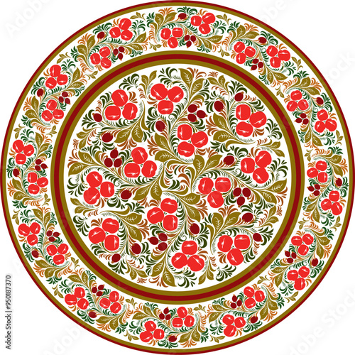 Vector colored round Russian folk ornament Khokhloma. National endless circle, tray, plate of Slavic peoples, Belarusians, Ukrainians