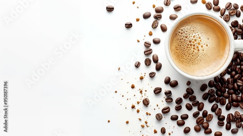 High angle view of coffee cup with beans on table