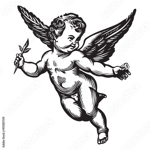 Wallpaper Mural Vintage Black and White Vector Illustration of Cupid in Engraved Style hand-drawn Torontodigital.ca