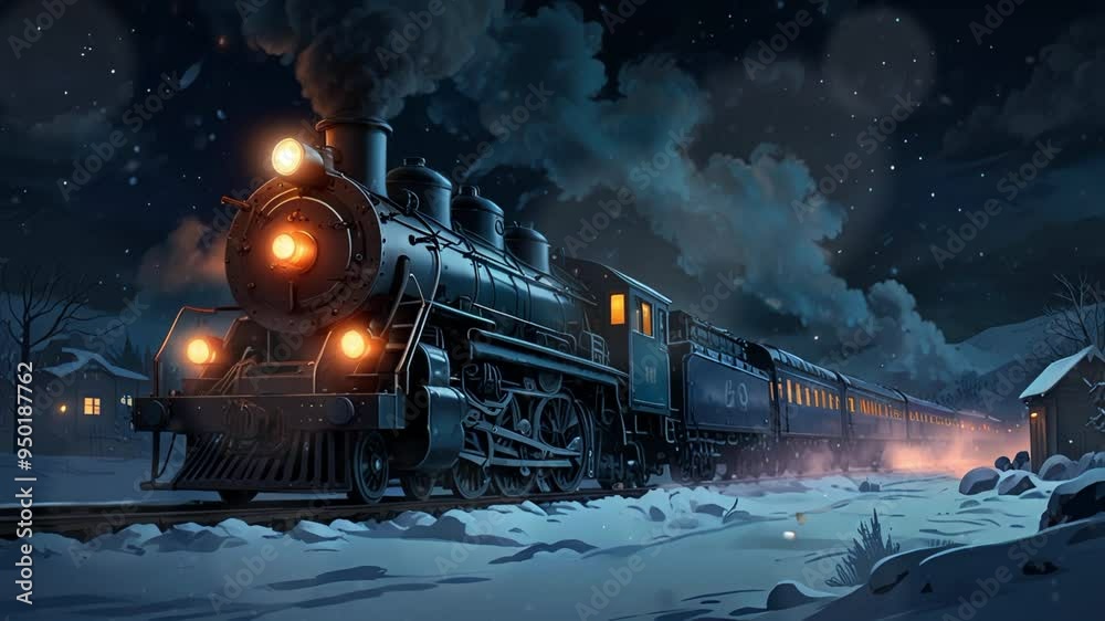 locomotive, steam train that passes during a snowy winter night. Seamless looping 4k video animation