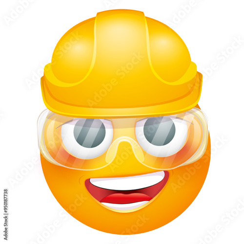 Construction worker emoji on white background. Emoticon with yellow hard hat and construction safety glasses. Cute emoticon