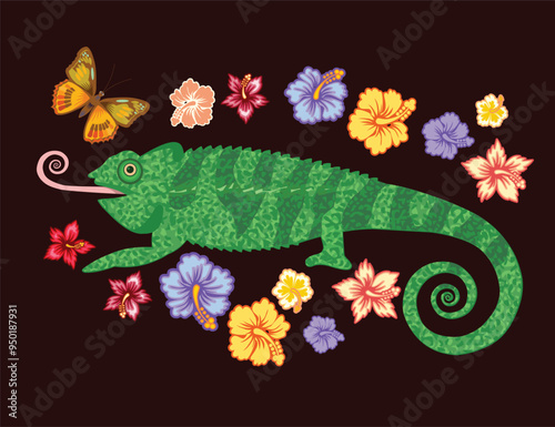 Chameleon with green skin. lizard with curvy tail.