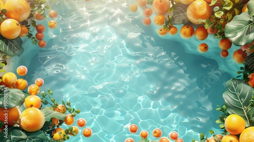 A vibrant swimming pool adorned with refreshing tropical fruits on a sunny summer day © FryArt
