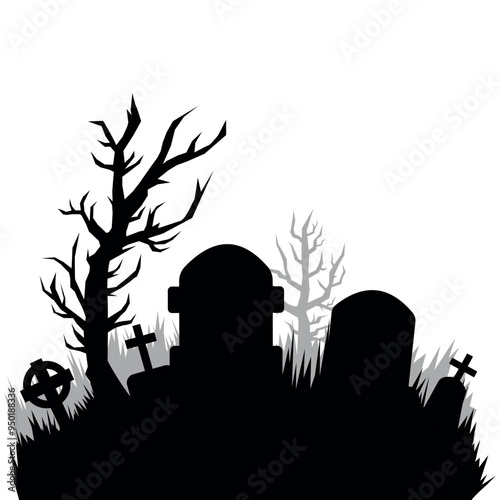 Old cemetery silhouette, abandoned graveyard in Halloween night, vector background. Scary spooky cemetery with graves and tree