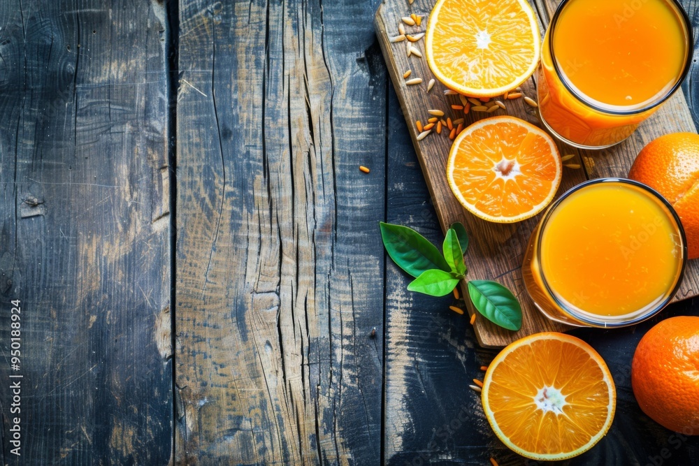 A wooden table with a glass of orange juice and a few oranges on it. The table is surrounded by a wooden frame, giving it a rustic and natural feel A wooden table with a glass of orange juice and a few oranges on it. The table is surrounded by a wooden frame, giving it a rustic and natural feel