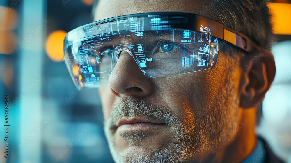 Visionary Tech: A focused businessman gazes into the future through augmented reality glasses, his face illuminated by holographic data, embodying the intersection of innovation and strategy. Visionary Tech: A focused businessman gazes into the future through augmented reality glasses, his face illuminated by holographic data, embodying the intersection of innovation and strategy.