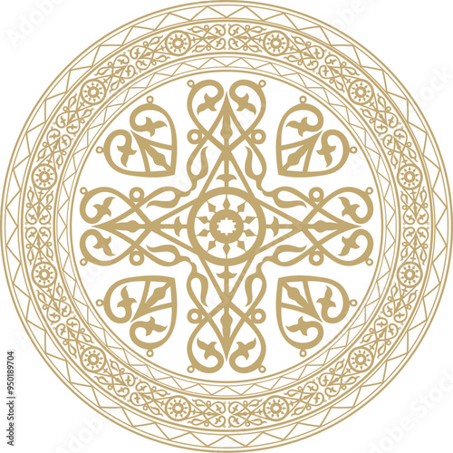 Vector gold round Yakut ornament. Endless circle, border, frame of the northern peoples of the Far East.