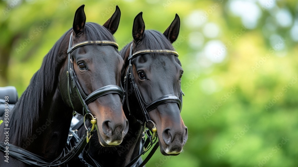 Fototapeta premium Two horses with black halters and bridles stand side by side. The horses are looking at the camera