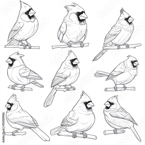 A sketch of nine cardinal birds perched on branches, showcasing different poses and angles. photo