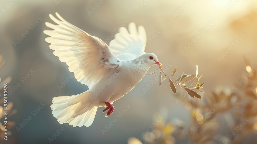 Fototapeta premium A graceful dove in flight carries an olive branch during a serene sunset, symbolizing hope and peace