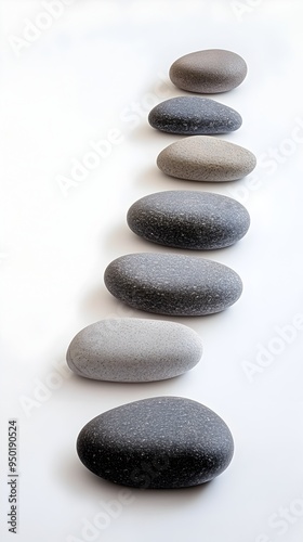 Zen Like Arrangement of Smooth Gray Pebbles on Pure White Background