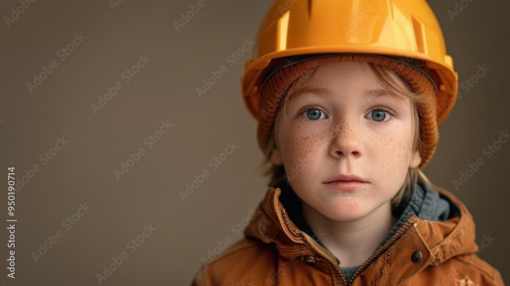 A young child construction worker in a hard hat poses for a studio portrait A young child construction worker in a hard hat poses for a studio portrait