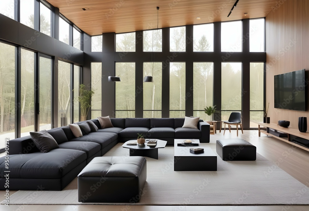 A modern, minimalist living room with a large black coffee table surrounded by low stools. The room has high ceilings, large windows, and a wooden accent wall. The overall style is clean and contempor A modern, minimalist living room with a large black coffee table surrounded by low stools. The room has high ceilings, large windows, and a wooden accent wall. The overall style is clean and contempor