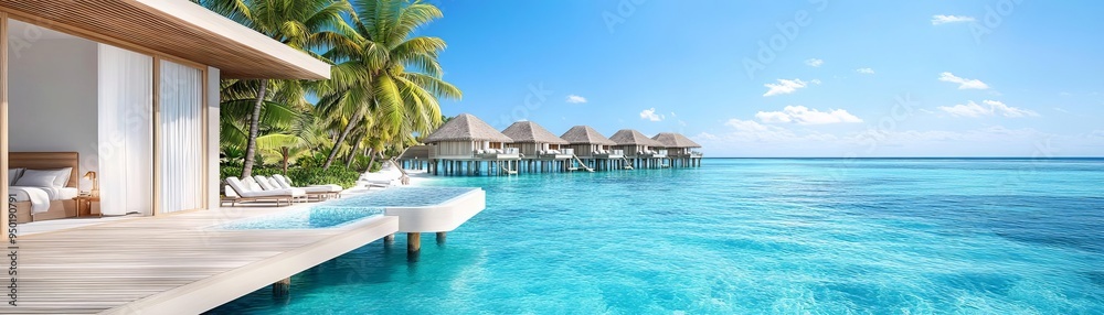 Fototapeta premium Luxurious tropical island resort stay, overwater bungalows, turquoise waters, palm trees, opulent comfort, exclusive getaway, relaxation and indulgence