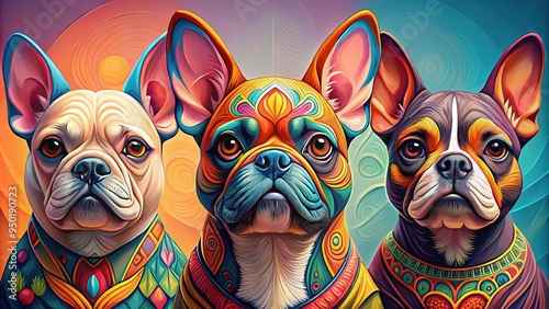 Adorable French Bulldog illustrations with vibrant colors and playful patterns, showcasing the breed's unique features and charming personality in a whimsical digital art style. photo