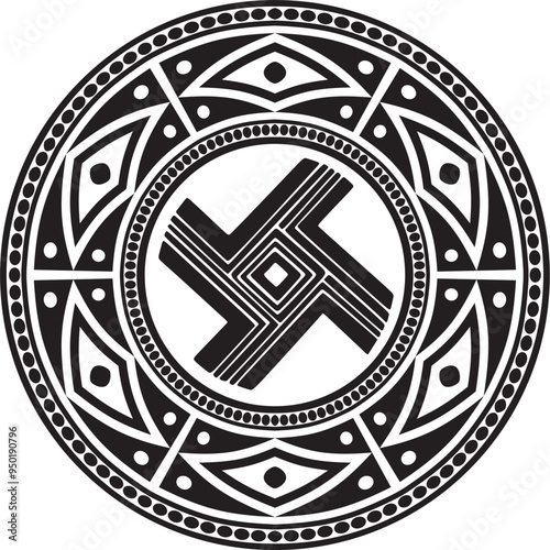 Native American vector round monochrome pattern. Geometric shapes in a circle. National ornament of the peoples of America, Maya, Aztecs, Incas