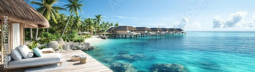 Luxurious tropical island resort stay, overwater bungalows, turquoise waters, palm trees, opulent comfort, exclusive getaway, relaxation and indulgence